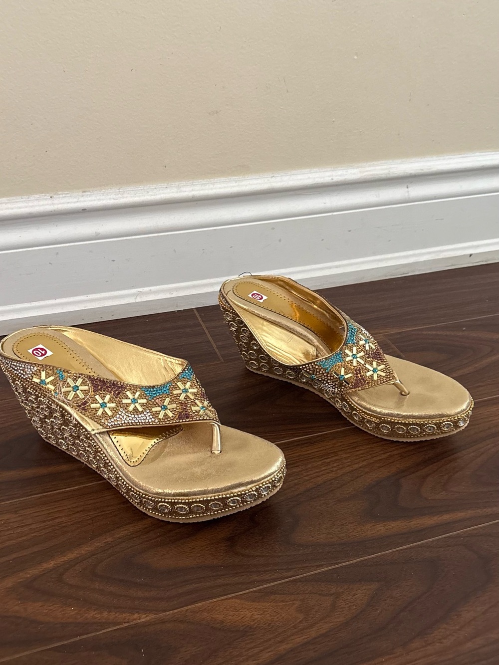 Embellished Gold Wedge Thong Sandals - Women Cultural